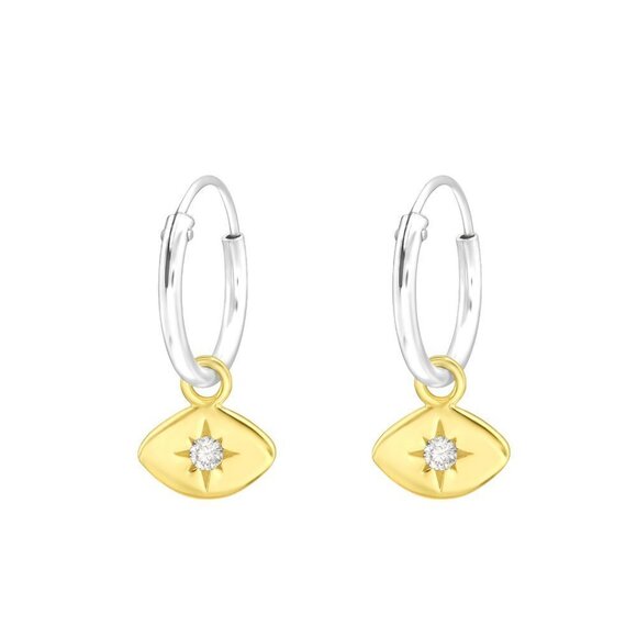 14k Gold Sterling Silver Tiny Hoop Evil Eye Earrings. - Picture 1 of 10